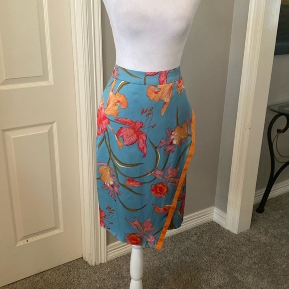 Anthropology Yoana Baraschi Blue and Orange Tropical Floral Cotille Wrap Skirt 6 - Picture 3 of 10